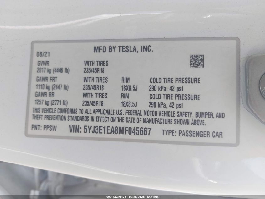 2021 Tesla Model 3 Standard Range Plus Rear-Wheel Drive VIN: 5YJ3E1EA8MF045667 Lot: 43316176