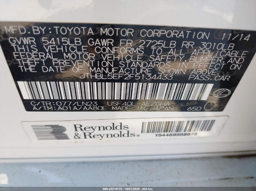 2015 Lexus Ls 460 VIN: JTHBL5EF2F5134433 Lot: 43316178