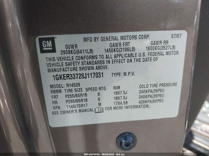 2008 GMC Acadia Slt-2 VIN: 1GKER33728J117031 Lot: 43316193