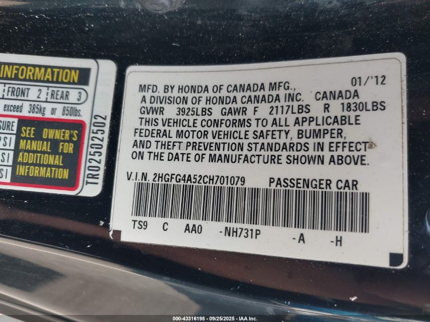 2012 Honda Civic Si VIN: 2HGFG4A52CH701079 Lot: 43316198