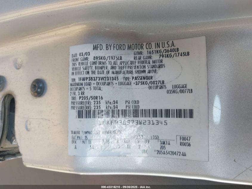 2003 Ford Focus Zts VIN: 1FAFP38373W231345 Lot: 43316210