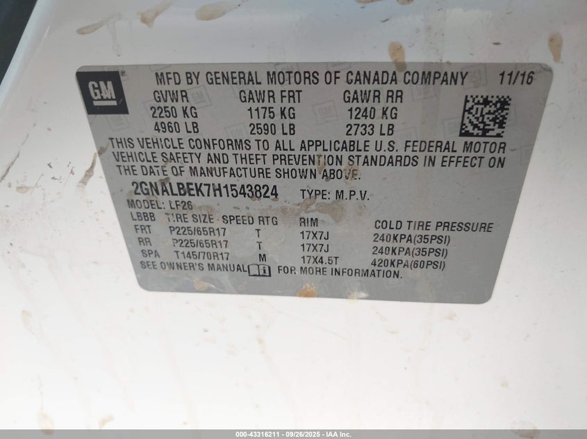 2017 Chevrolet Equinox Ls VIN: 2GNALBEK7H1543824 Lot: 43316211