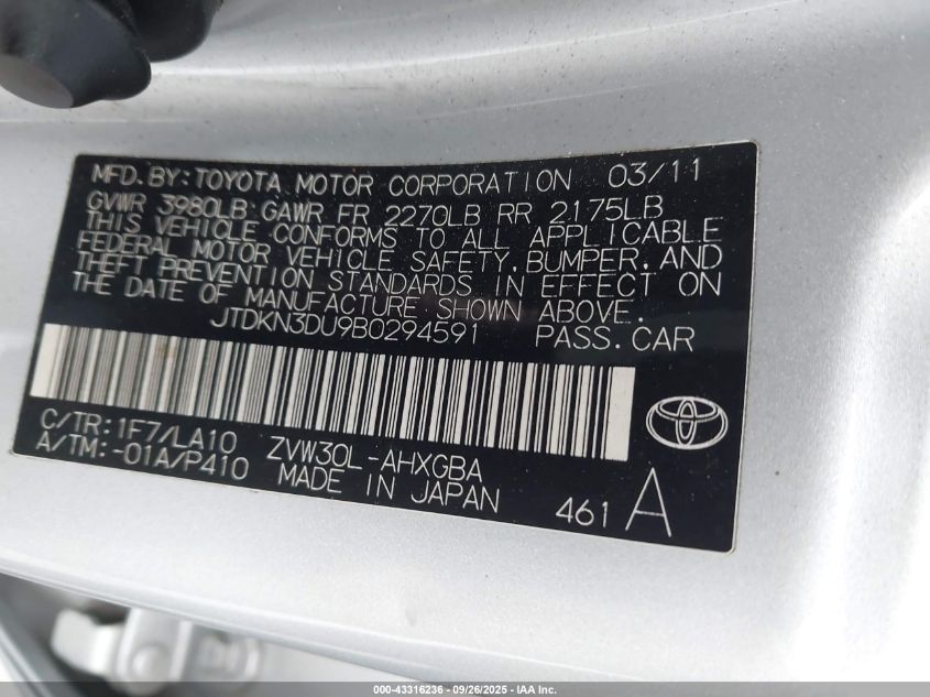 2011 Toyota Prius VIN: JTDKN3DU9B0294591 Lot: 43316236