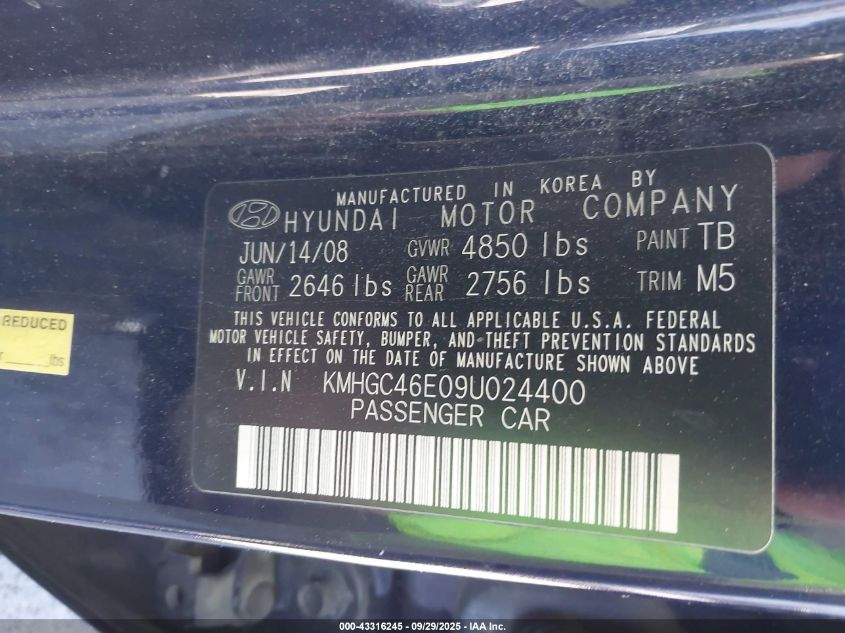 2009 Hyundai Genesis 3.8 VIN: KMHGC46E09U024400 Lot: 43316245