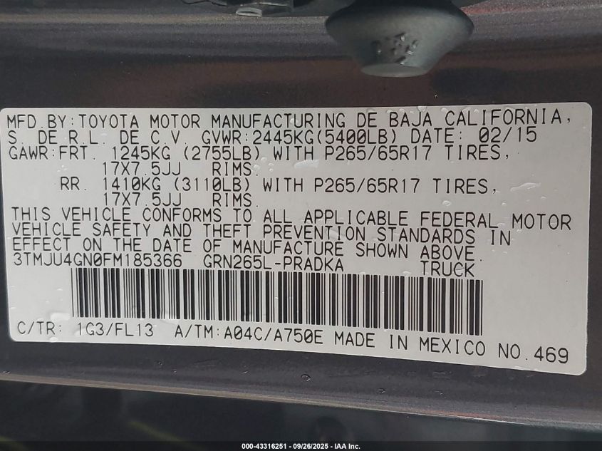 2015 Toyota Tacoma Prerunner V6 VIN: 3TMJU4GN0FM185366 Lot: 43316251