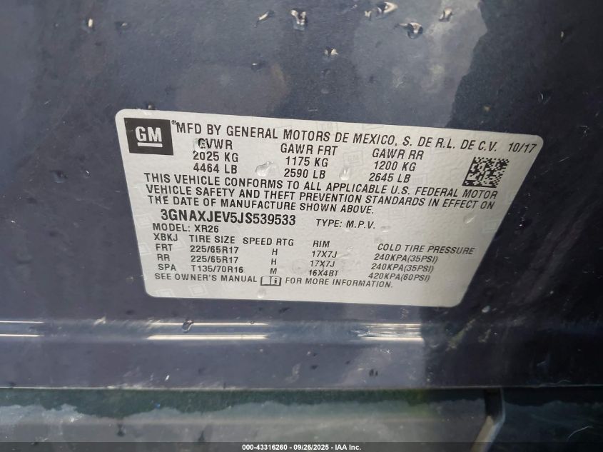 2018 Chevrolet Equinox Lt VIN: 3GNAXJEV5JS539533 Lot: 43316260