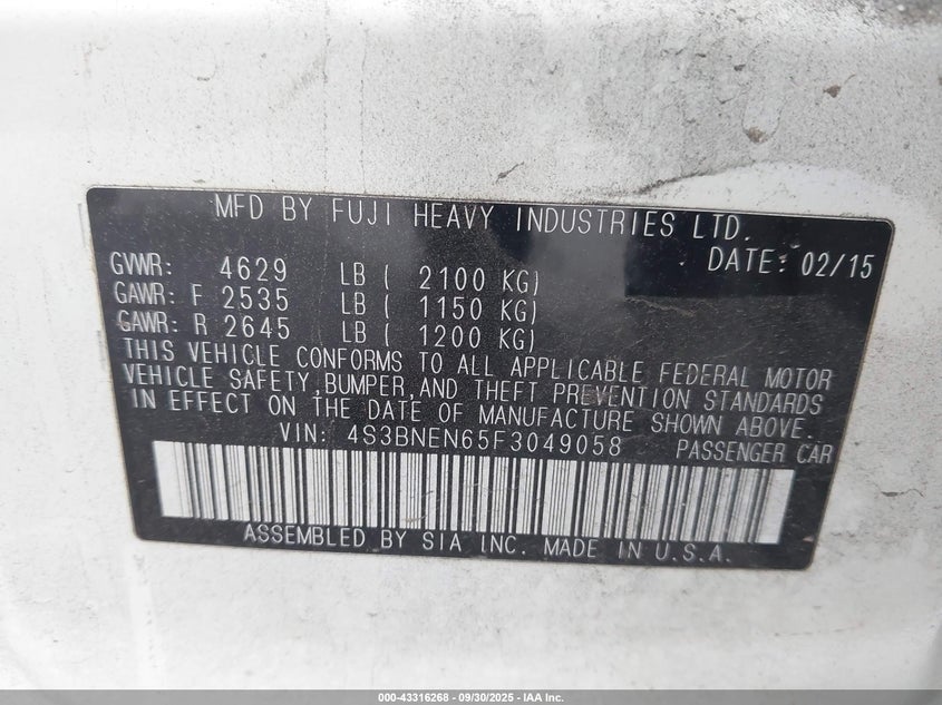 4S3BNEN65F3049058 2015 SUBARU LEGACY photo no. 9
