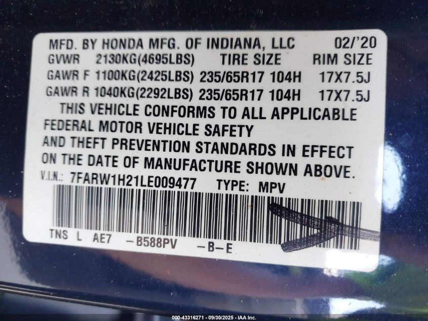 2020 Honda Cr-V 2Wd Lx VIN: 7FARW1H21LE009477 Lot: 43316271