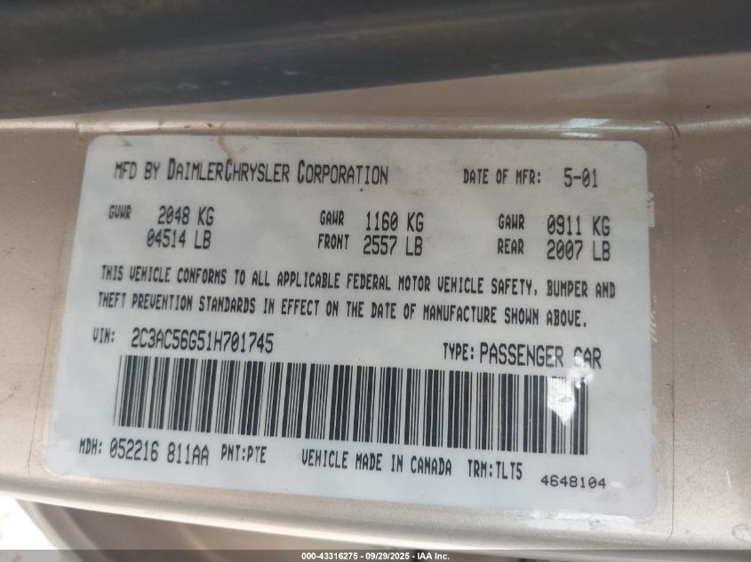 2001 Chrysler Lhs VIN: 2C3AC56G51H701745 Lot: 43316275