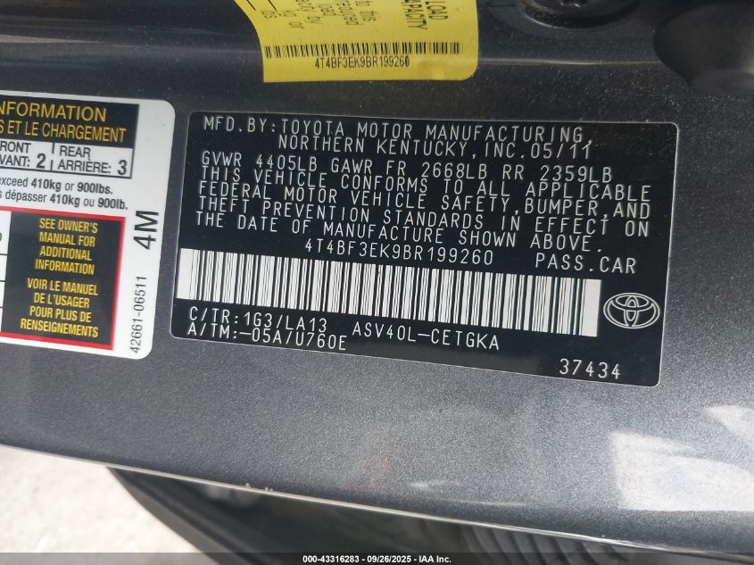 2011 Toyota Camry Xle VIN: 4T4BF3EK9BR199260 Lot: 43316283