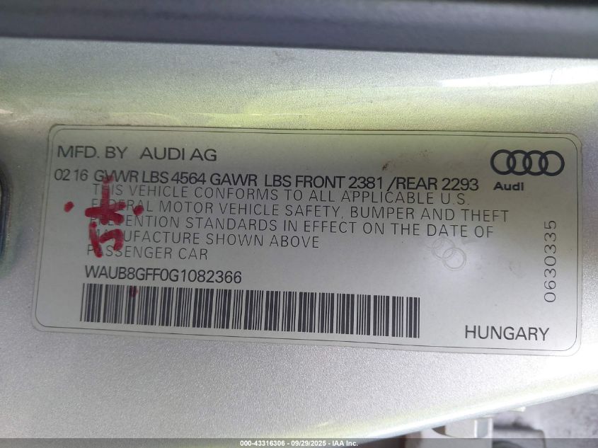 2016 Audi A3 2.0T Premium VIN: WAUB8GFF0G1082366 Lot: 43316306