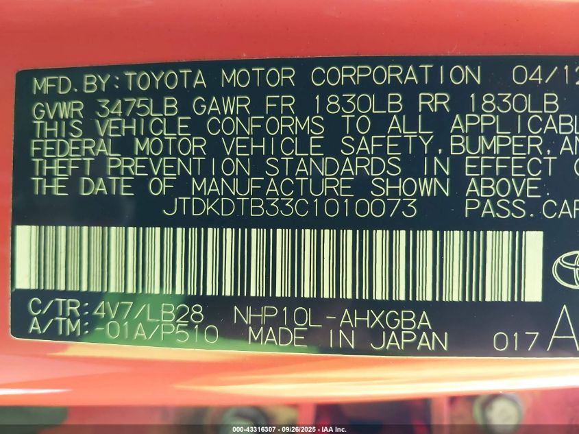 2012 Toyota Prius C Four VIN: JTDKDTB33C1010073 Lot: 43316307