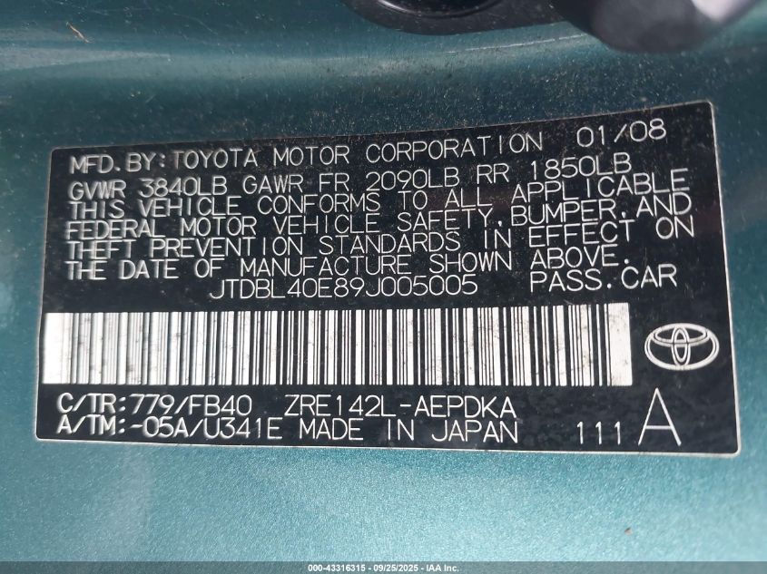 2009 Toyota Corolla Le VIN: JTDBL40E89J005005 Lot: 43316315