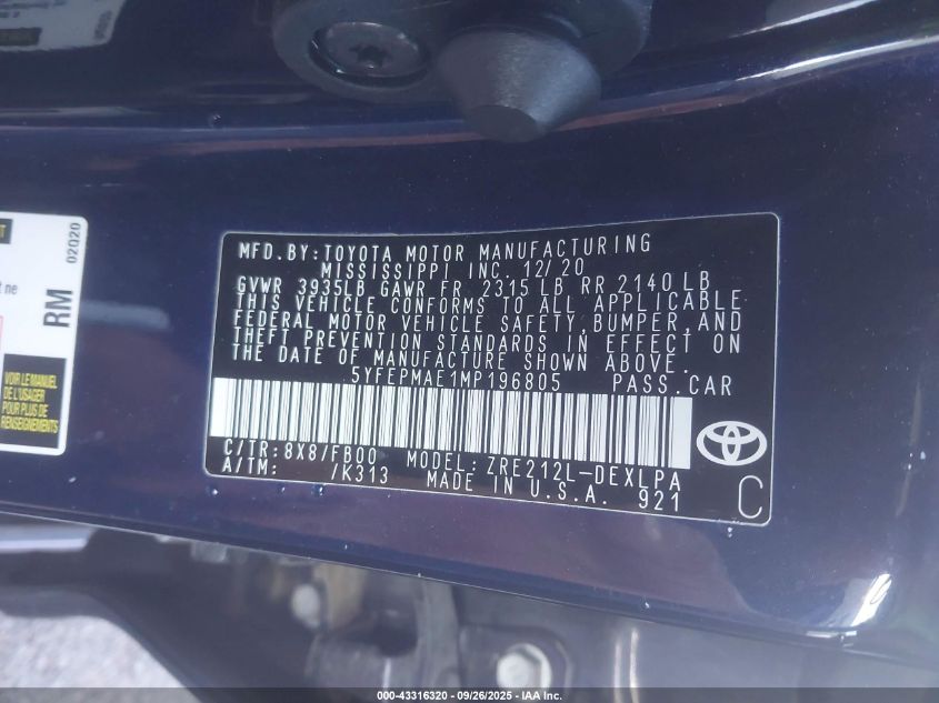 2021 Toyota Corolla Le VIN: 5YFEPMAE1MP196805 Lot: 43316320