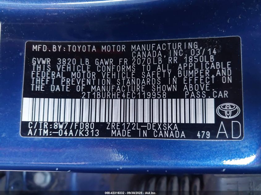 2014 Toyota Corolla S VIN: 2T1BURHE4EC119958 Lot: 43316332