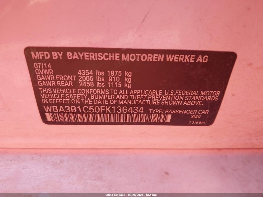 2015 BMW 320I VIN: WBA3B1C50FK136434 Lot: 43316337