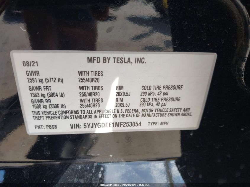 2021 Tesla Model Y Long Range Dual Motor All-Wheel Drive VIN: 5YJYGDEE1MF253054 Lot: 43316342