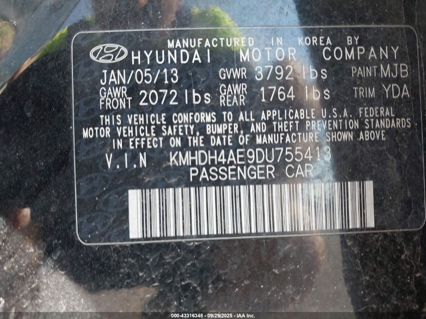 2013 Hyundai Elantra Gls VIN: KMHDH4AE9DU755413 Lot: 43316348