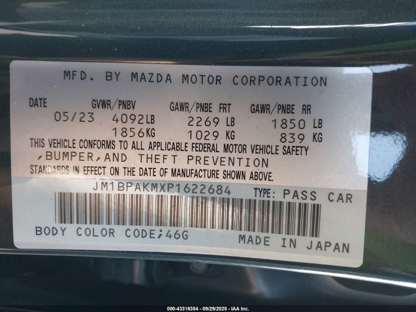 2023 Mazda Mazda3 2.5 S Select VIN: JM1BPAKMXP1622684 Lot: 43316354