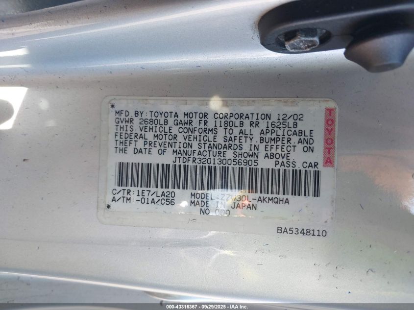 2003 Toyota Mr2 Spyder VIN: JTDFR320130056905 Lot: 43316367