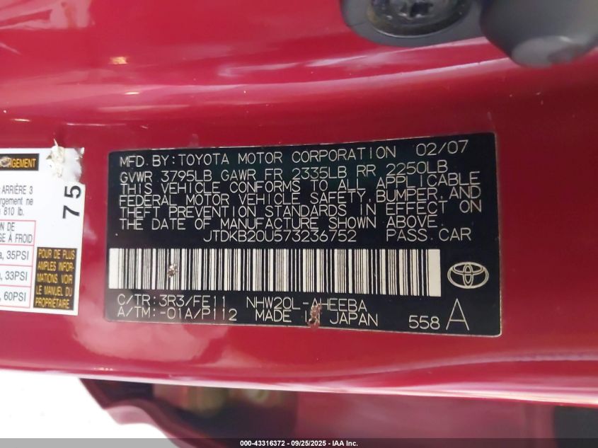 2007 Toyota Prius VIN: JTDKB20U573236752 Lot: 43316372