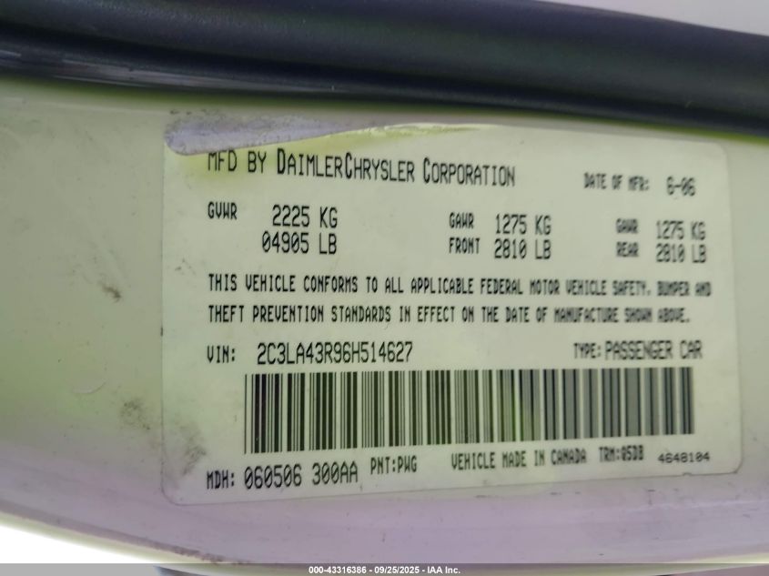 2006 Chrysler 300 VIN: 2C3LA43R96H514627 Lot: 43316386