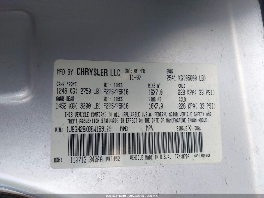 2008 Jeep Liberty Sport VIN: 1J8GN28K88W169105 Lot: 43316389