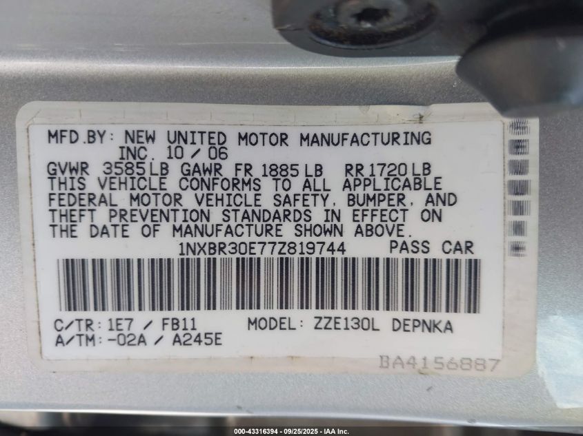 2007 Toyota Corolla Le VIN: 1NXBR30E77Z819744 Lot: 43316394