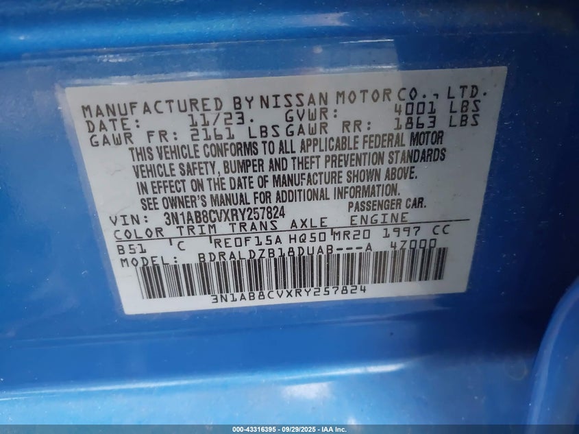 2024 Nissan Sentra Sv Xtronic Cvt VIN: 3N1AB8CVXRY257824 Lot: 43316395