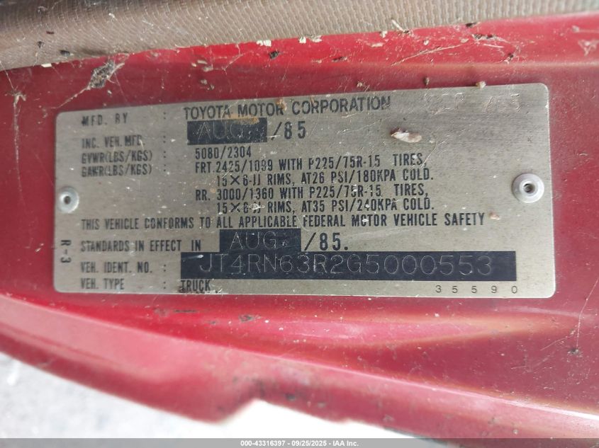 1986 Toyota Pickup Rn63 Std VIN: JT4RN63R2G5000553 Lot: 43316397