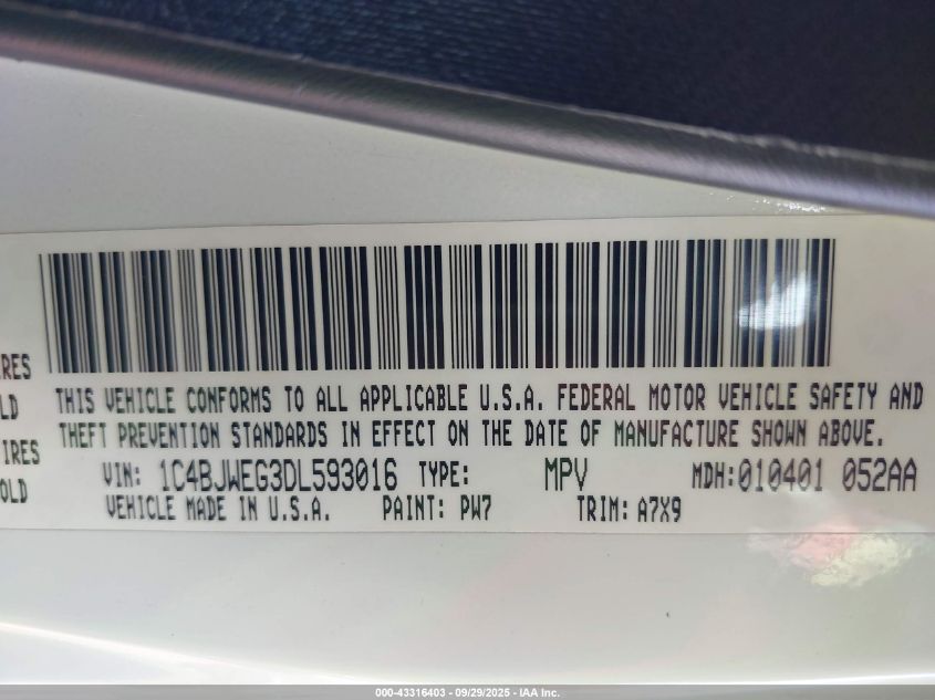 2013 Jeep Wrangler Unlimited Sahara VIN: 1C4BJWEG3DL593016 Lot: 43316403