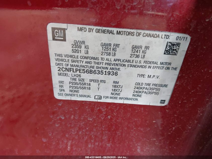 2011 Chevrolet Equinox 2Lt VIN: 2CNFLPE56B6351936 Lot: 43316405