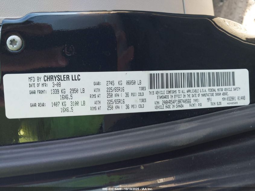 2008 Chrysler Town & Country Touring VIN: 2A8HR54P18R740566 Lot: 43316409