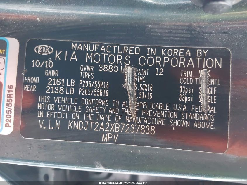 2011 Kia Soul + VIN: KNDJT2A2XB7237838 Lot: 43316414