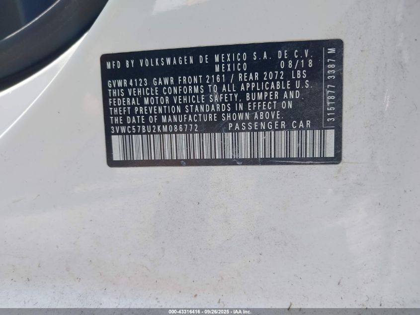 2019 Volkswagen Jetta 1.4T R-Line/1.4T S/1.4T Se VIN: 3VWC57BU2KM086772 Lot: 43316416