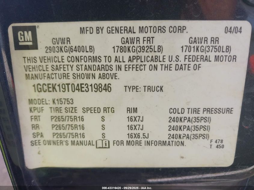 2004 Chevrolet Silverado 1500 Z71 VIN: 1GCEK19T04E319846 Lot: 43316420