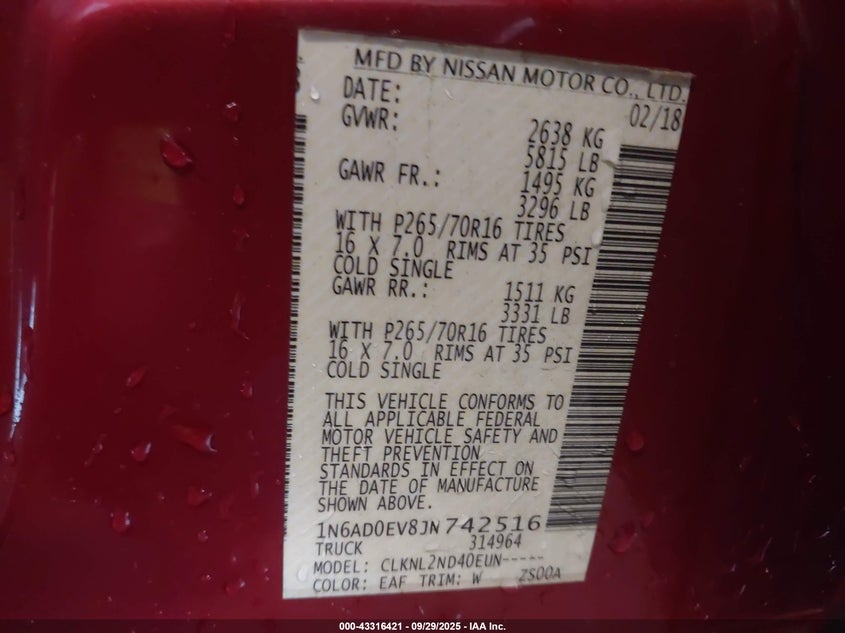 2018 Nissan Frontier Sv VIN: 1N6AD0EV8JN742516 Lot: 43316421