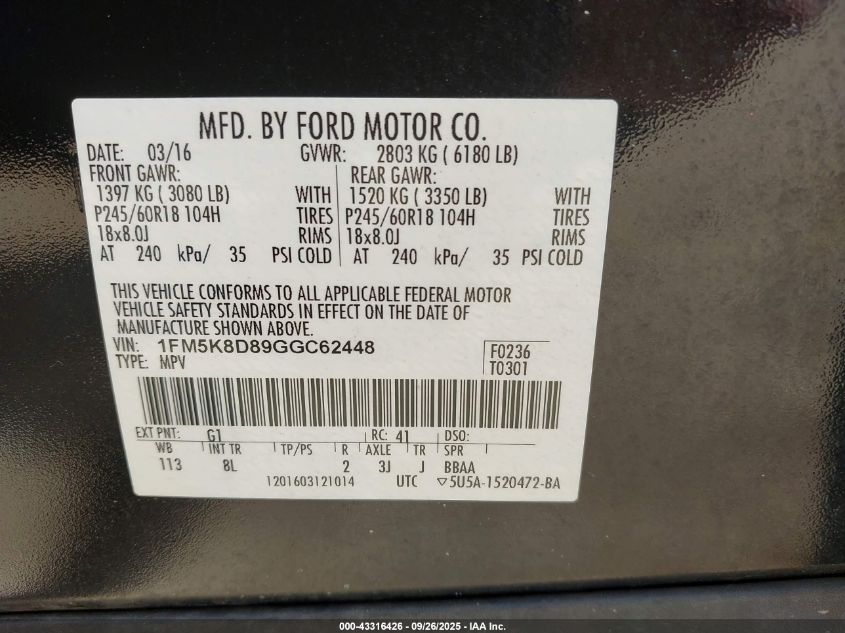 2016 Ford Explorer Xlt VIN: 1FM5K8D89GGC62448 Lot: 43316426