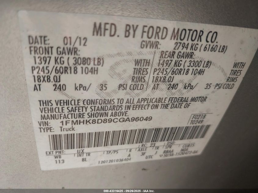 2012 Ford Explorer Xlt VIN: 1FMHK8D89CGA96049 Lot: 43316425