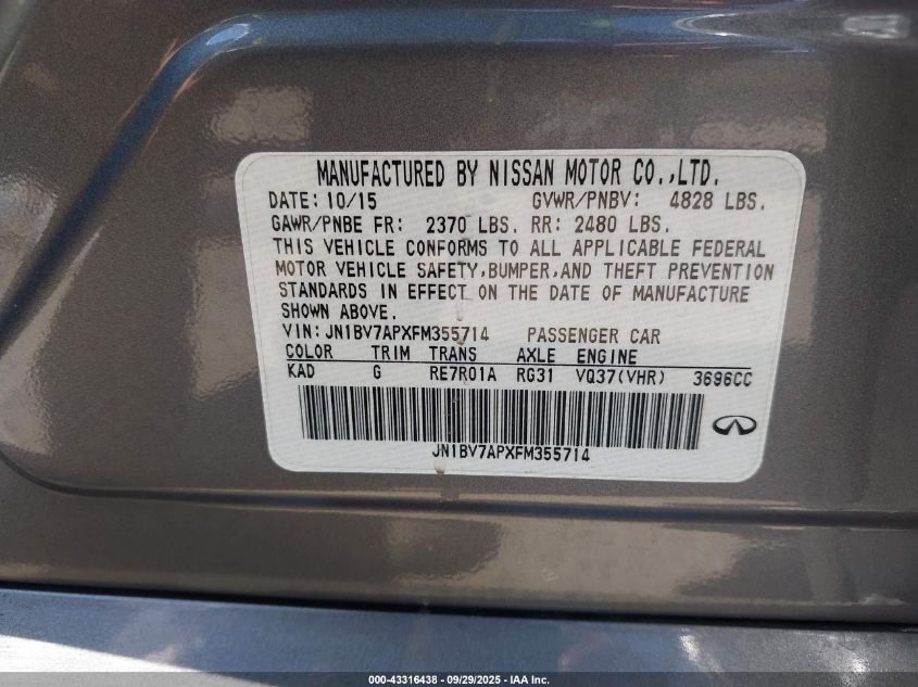 2015 Infiniti Q50 Premium VIN: JN1BV7APXFM355714 Lot: 43316438