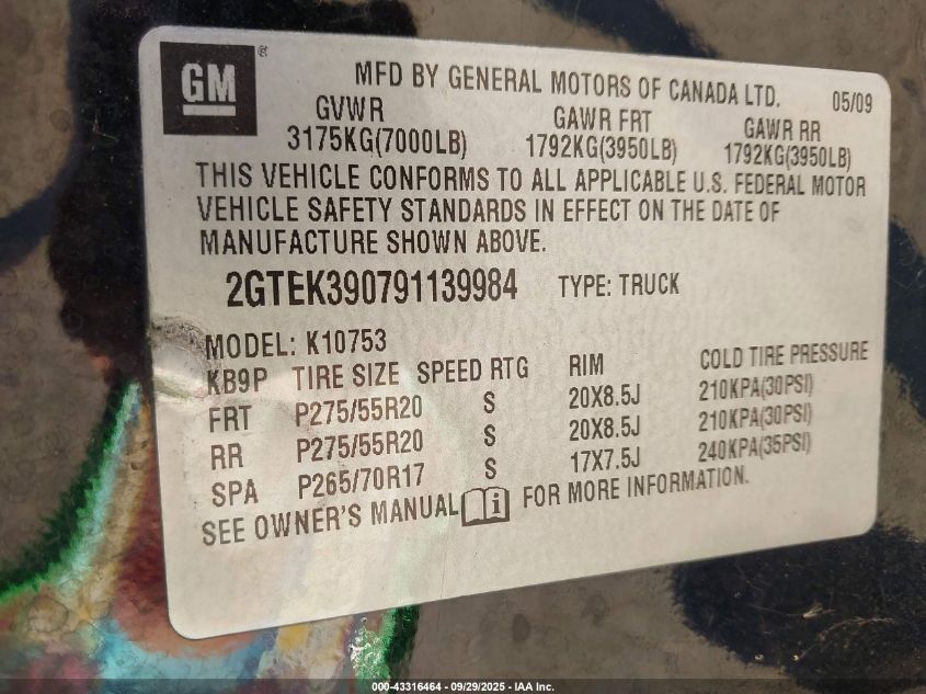 2009 GMC Sierra 1500 Slt VIN: 2GTEK390791139984 Lot: 43316464