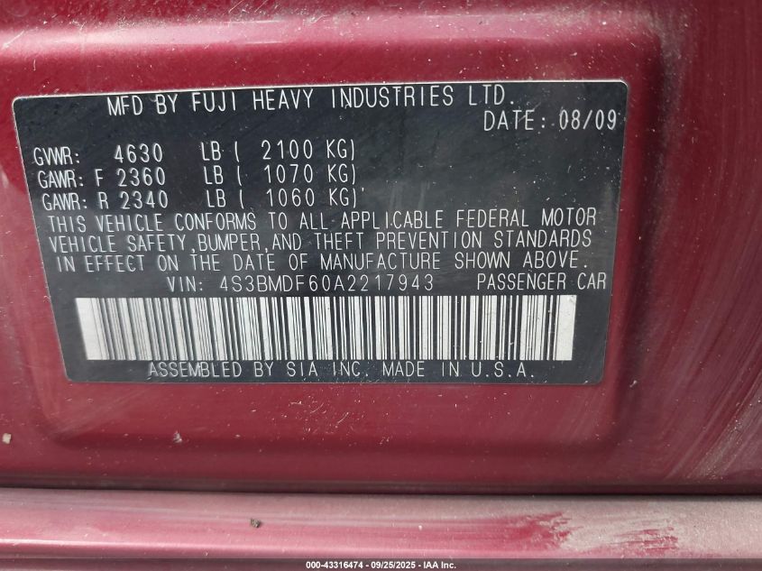 2010 Subaru Legacy 3.6R Premium VIN: 4S3BMDF60A2217943 Lot: 43316474