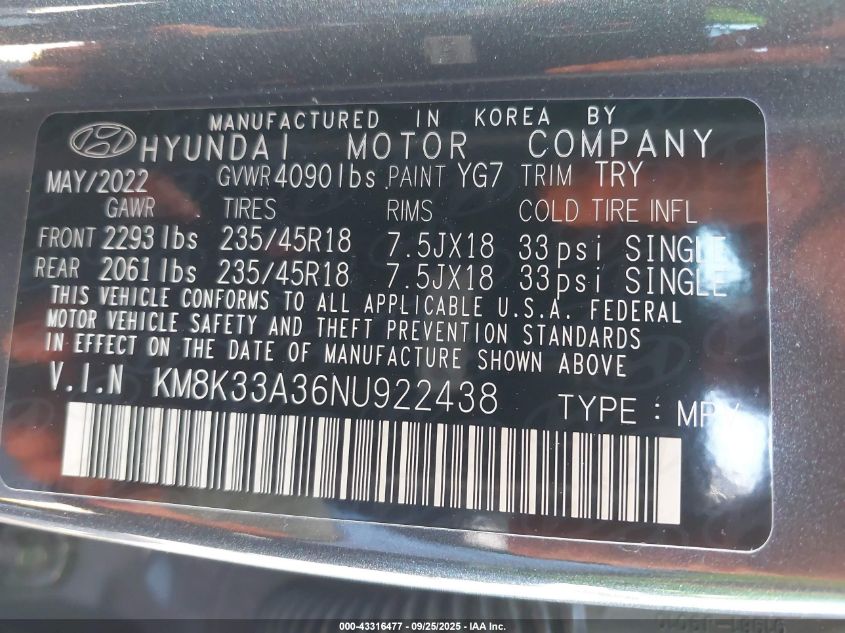 2022 Hyundai Kona N Line VIN: KM8K33A36NU922438 Lot: 43316477