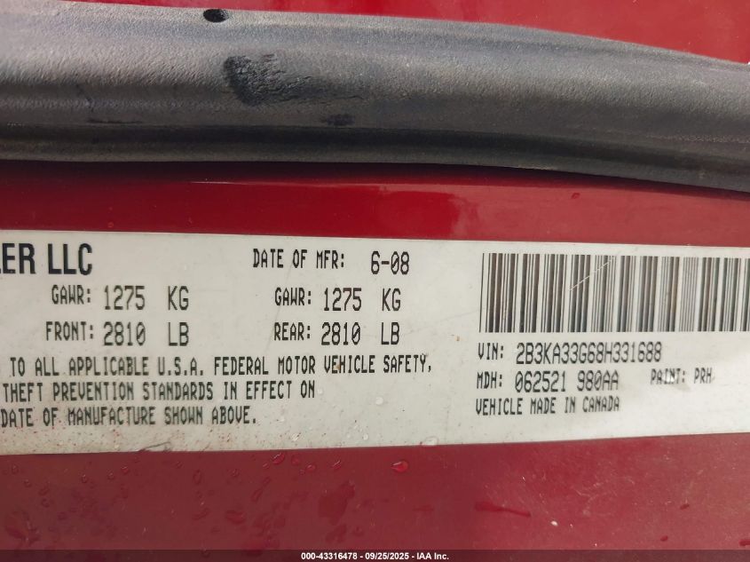 2008 Dodge Charger Sxt VIN: 2B3KA33G68H331688 Lot: 43316478