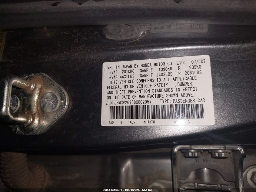 2008 Honda Accord 2.4 Ex VIN: JHMCP26758C002957 Lot: 43316481