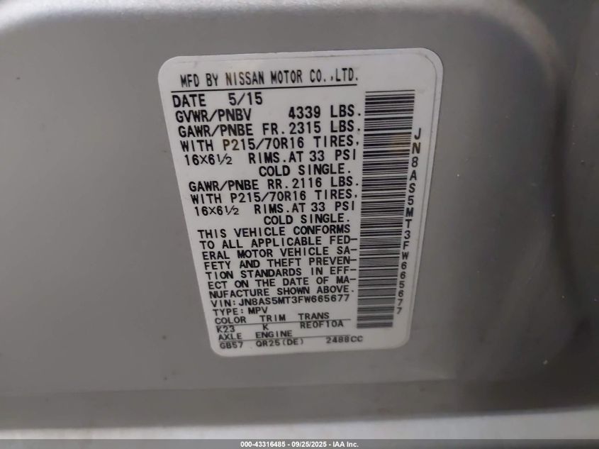 2015 Nissan Rogue Select S VIN: JN8AS5MT3FW665677 Lot: 43316485