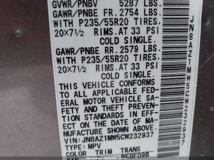 2012 Nissan Murano Le VIN: JN8AZ1MW5CW232937 Lot: 43316491