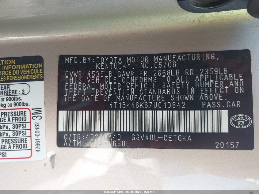 2007 Toyota Camry Xle V6 VIN: 4T1BK46K67U010842 Lot: 43316496