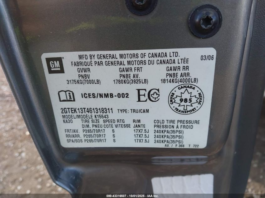 2006 GMC Sierra 1500 Sle1/Sle2/Slt VIN: 2GTEK13T461318311 Lot: 43316507