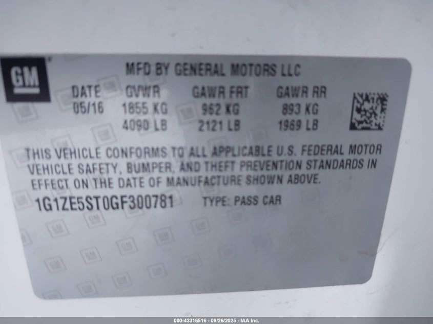 2016 Chevrolet Malibu 1Lt VIN: 1G1ZE5ST0GF300781 Lot: 43316516